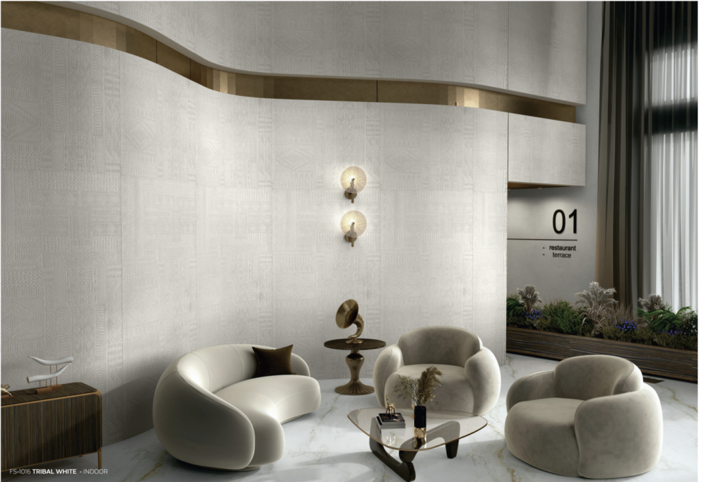 Elegant indoor lounge featuring Tribal White luxury tiles in Gurgaon, with designer furniture, curved wall patterns, and soft ambient lighting.